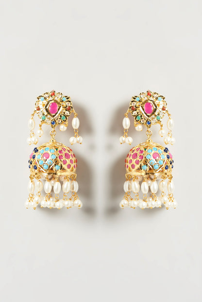 Gold Finish Kundan Polki & Beaded Jhumka Earrings