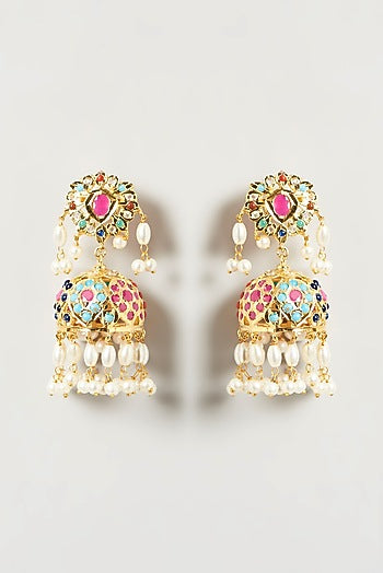Gold Finish Kundan Polki & Beaded Jhumka Earrings