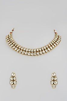 Gold Finish Kundan Polki Layered Necklace Set