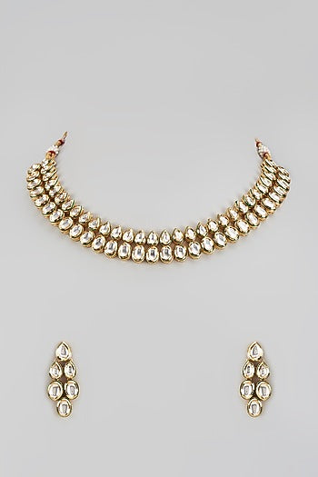 Gold Finish Kundan Polki Layered Necklace Set