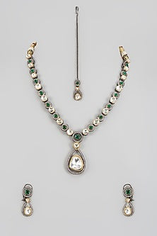 Gold Finish Kundan Polki & Emerald Long Necklace Set