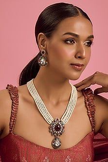 Black Rhodium Finish Kundan Polki & Multi-Colored Stone Long Necklace Set