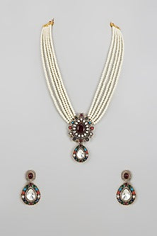 Black Rhodium Finish Kundan Polki & Multi-Colored Stone Long Necklace Set