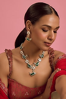 Gold Finish Kundan Polki & Emerald Long Necklace Set