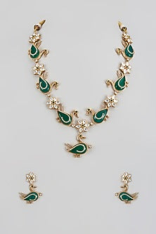 Gold Finish Kundan Polki & Emerald Long Necklace Set
