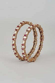 Gold Finish Kundan Polki & Ruby Bangles (Set Of 2)