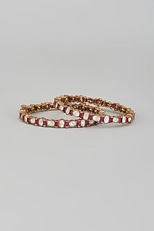 Gold Finish Kundan Polki & Ruby Bangles (Set Of 2)