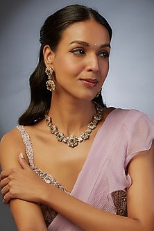 Gold Finish Kundan Polki & Green Stone Necklace Set