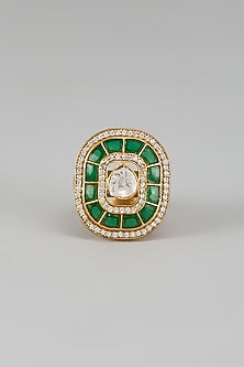 Gold Finish Kundan Polki & Green Stone Ring
