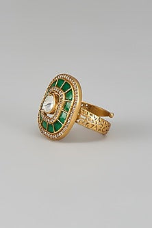Gold Finish Kundan Polki & Green Stone Ring