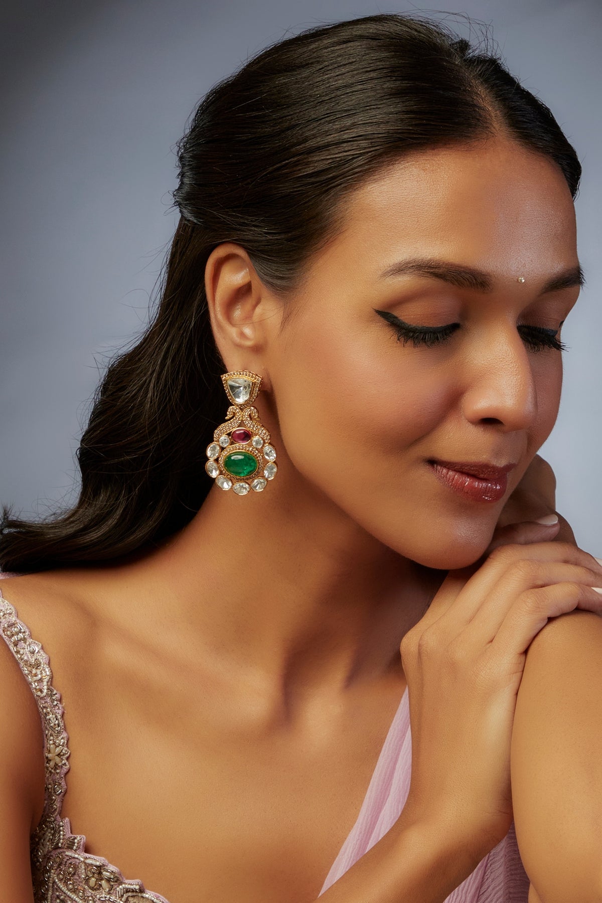Gold Finish Kundan Polki & Green Stone Dangler Earrings