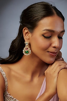 Gold Finish Kundan Polki & Green Stone Dangler Earrings