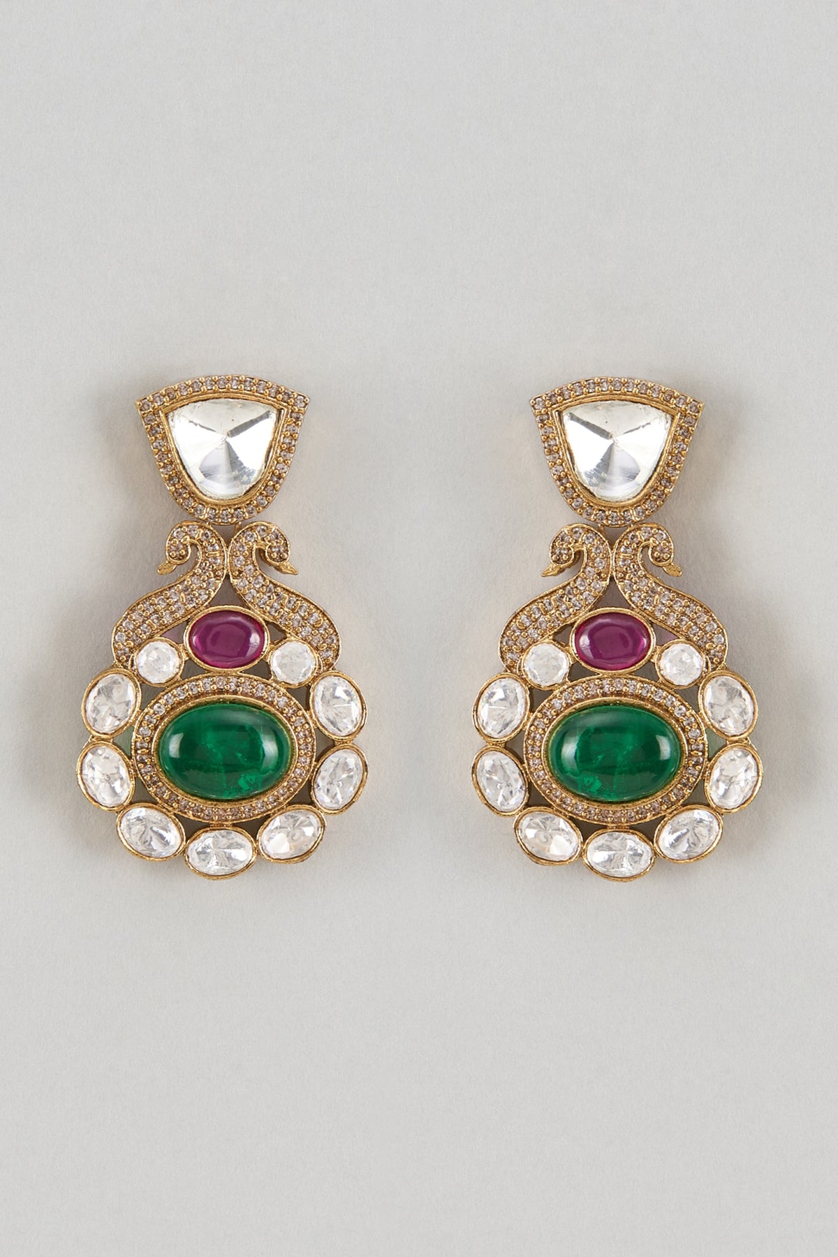 Gold Finish Kundan Polki & Green Stone Dangler Earrings