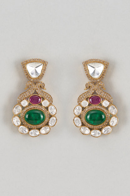 Gold Finish Kundan Polki & Green Stone Dangler Earrings