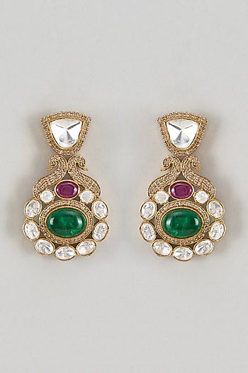 Gold Finish Kundan Polki & Green Stone Dangler Earrings