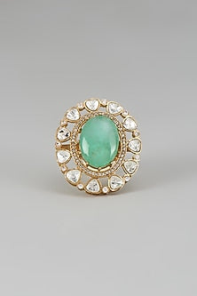 Gold Finish Kundan Polki & Aqua Stone Ring