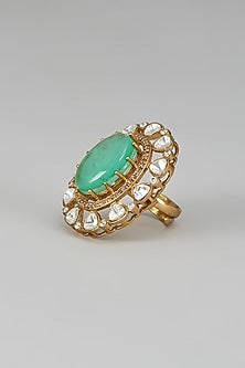 Gold Finish Kundan Polki & Aqua Stone Ring