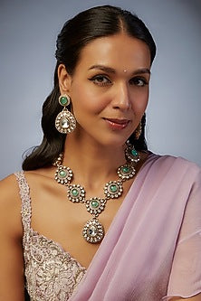 Gold Finish Kundan Polki & Aqua Stone Long Necklace Set