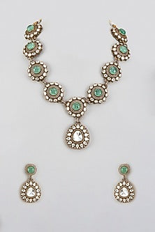 Gold Finish Kundan Polki & Aqua Stone Long Necklace Set