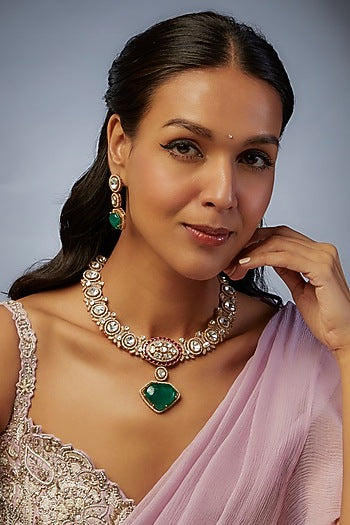 Gold Finish Kundan Polki & Green Stone Long Necklace Set