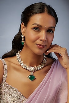 Gold Finish Kundan Polki & Green Stone Long Necklace Set