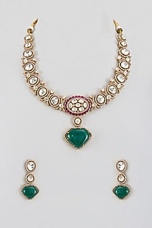 Gold Finish Kundan Polki & Green Stone Long Necklace Set