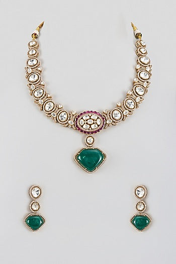Gold Finish Kundan Polki & Green Stone Long Necklace Set