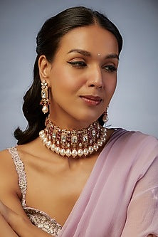 Gold Finish Kundan Polki & Red Stone Choker Necklace Set