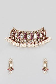 Gold Finish Kundan Polki & Red Stone Choker Necklace Set