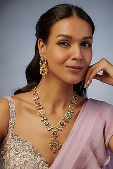 Gold Finish Kundan Polki & Multi-Colored Stone Long Necklace Set
