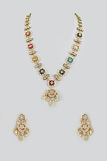 Gold Finish Kundan Polki & Multi-Colored Stone Long Necklace Set