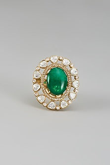 Gold Finish Kundan Polki & Green Stone Ring