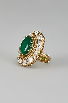 Gold Finish Kundan Polki & Green Stone Ring