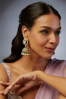 Gold Finish Kundan Polki & Green Stone Jhumka Earrings
