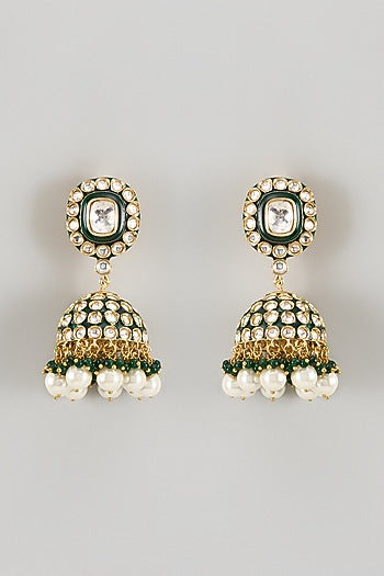 Gold Finish Kundan Polki & Green Stone Jhumka Earrings