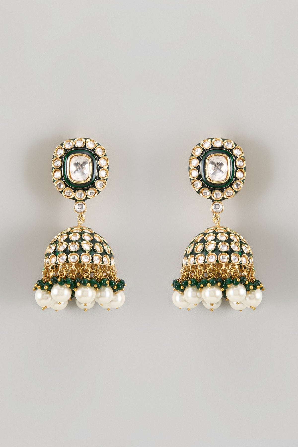Gold Finish Kundan Polki & Green Stone Jhumka Earrings