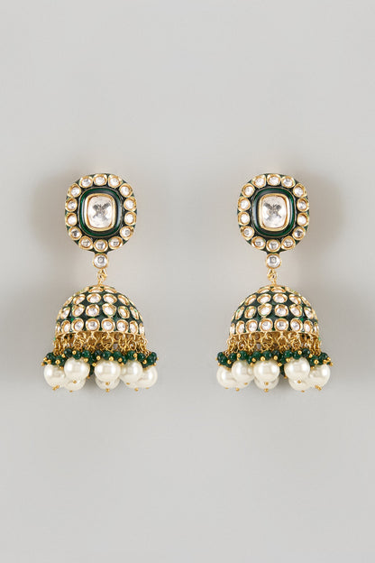 Gold Finish Kundan Polki & Green Stone Jhumka Earrings