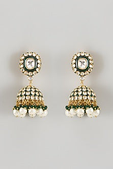 Gold Finish Kundan Polki & Green Stone Jhumka Earrings