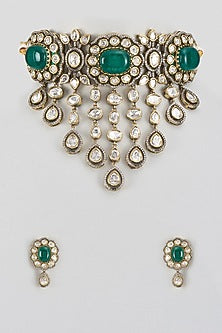 Gold Finish Kundan Polki & Green Stone Choker Necklace Set