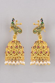 Gold Finish Pearl Peacock Jhumka Earrings