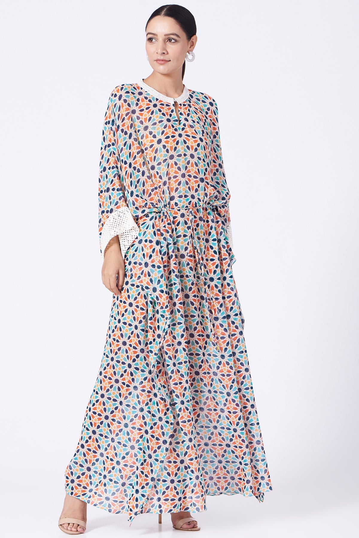 Ivory Printed Kaftan With Drawstrings