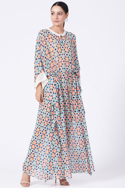 Ivory Printed Kaftan With Drawstrings