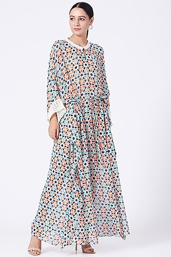 Ivory Printed Kaftan With Drawstrings