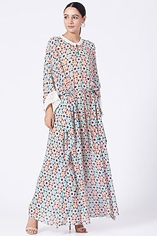Ivory Printed Kaftan With Drawstrings