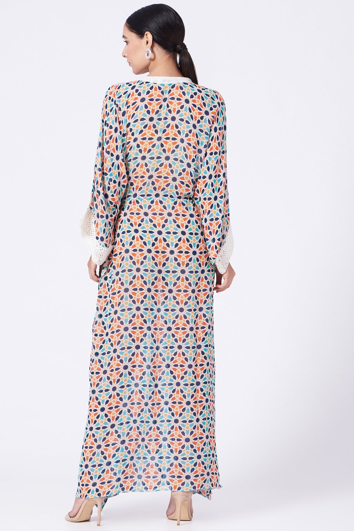 Ivory Printed Kaftan With Drawstrings