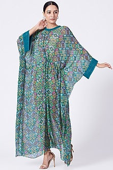 Green Printed Kaftan With Drawstrings