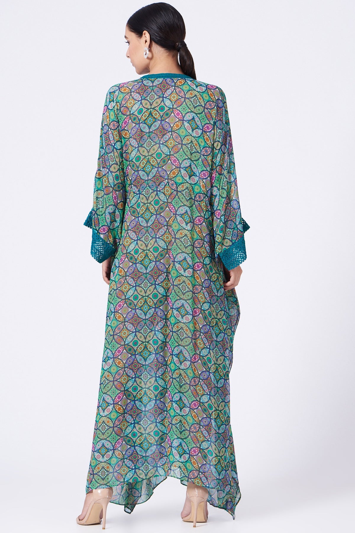 Green Printed Kaftan With Drawstrings