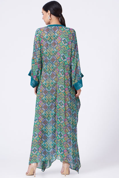 Green Printed Kaftan With Drawstrings