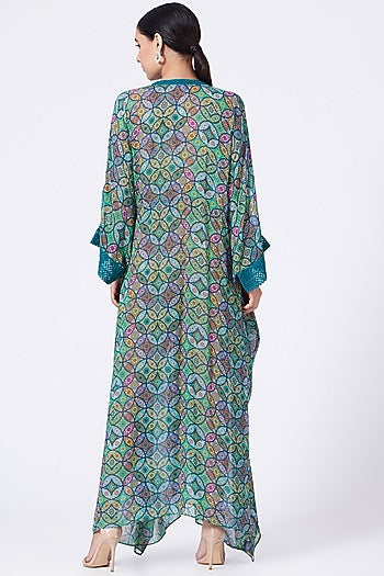 Green Printed Kaftan With Drawstrings