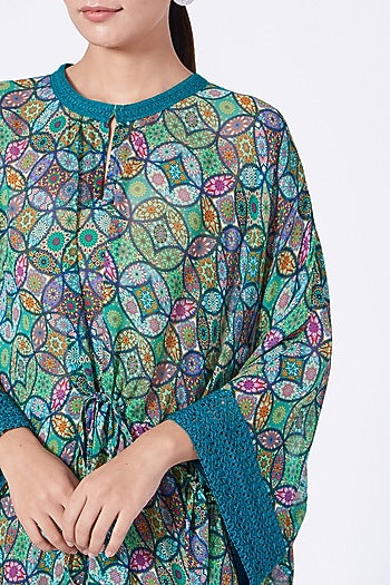 Green Printed Kaftan With Drawstrings